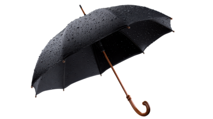 Black umbrella covered in water droplets against a white background, cut out transparent