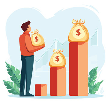 Man examines money bags of various sizes above bar graphs of variable heights