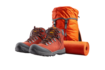Orange hiking boots with backpack and roll mat on transparent background