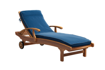 Wooden Sun Lounger with Blue Cushion on Transparent Background