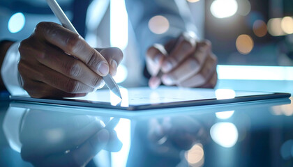 Digital Signature of a professional: A close-up shot showcases a hand engrossed in the act of digitally signing documents on a tablet. With a focus on precision and professional workflow.
