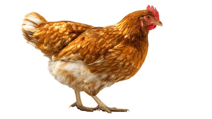 Fototapeta premium Brown chicken standing on a white background in profile view, cut out transparent