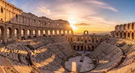 Majestic panoramic view of a historic Roman amphitheater during a breathtaking golden hour sunset