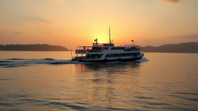 Passenger ferry navigating calm waters at sunset. Clip