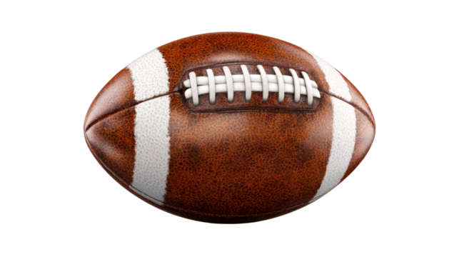 Detailed close-up of a textured brown and white American football on a plain background, cut out transparent