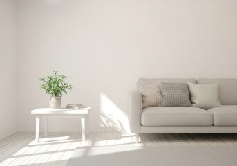 Bright minimalist living room with white sofa side table and plant clean modern aesthetic natural light