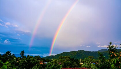 Double rainbow arcing over lush green mountains and a village under a partly cloudy sky
