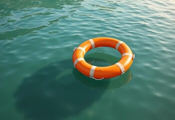 Classic orange life buoy floating on calm water,  float,  flotation device
