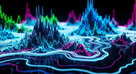 Dynamic glowing data visualizations showcasing market trends, financial analysis, and technological advancements in a vibrant, modern style