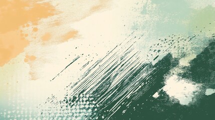 Obraz premium Textured strokes & splatters with peach, tan, green hues creating a distressed artistic abstract
