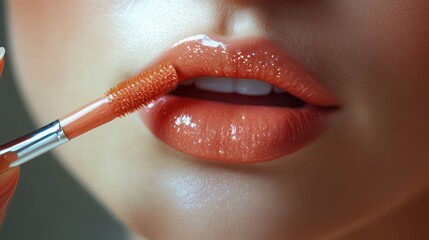 Close up of a peachy orange lip gloss application on a womans lips smooth glossy texture under dramatic lighting