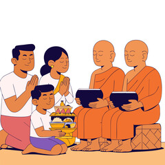 Pchum Ben Day festival, Family offering food to the monks in Pagoda