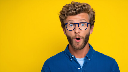 Obraz premium Surprised young man with glasses reacting to unexpected news in a studio portrait conveying curiosity shock and viral social media expression 
