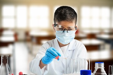Little child make chemistry science experimental chemistry lessons.