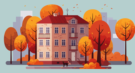 Vector illustration of an autumn cityscape with an apartment building, red roof, black cat at the doorstep