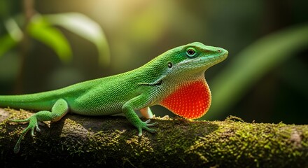 Fototapeta premium Green Anole Lizard Displaying Dewlap on Mossy Branch