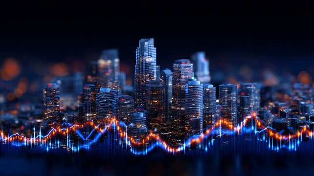 A glowing city skyline with an overlaid market graph, visualizing finance analytics and the pulse of urban economies in constant motion.
