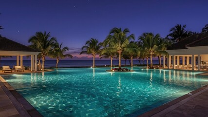 Fototapeta premium Elegant tropical resort at dusk with ocean views