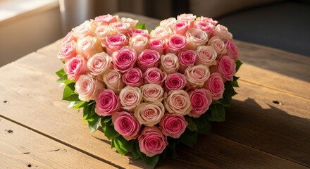 Delicate pink and cream roses carefully arranged in a heart formation, a stunning floral gift symbolizing love on a rustic wooden table