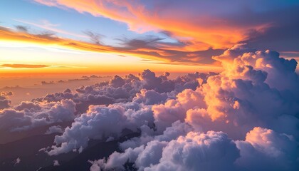 Obraz premium Dramatic bright clouds at sunset filled with colorful golden and pink light spread across the horizon.