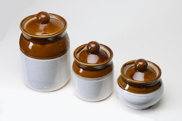 Indian old traditional storage Ceramic Pots for kitchen foods isolated on white background 