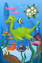 Naklejka premium Underwater scene cartoon background with cute plesiosaurs and colorful sea creatures