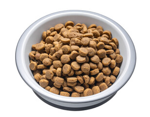 Brown cat and dog bowls filled with dry, healthy pet food are isolated on a white background
