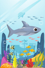 cartoon background with illustrations of cute sharks and a colorful underwater world