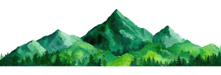 Watercolor style landscape of a mountain range with lush green forests