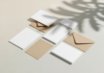 Elegant neutral stationery mockup in soft light featuring white cards kraft envelopes and leaf shadows