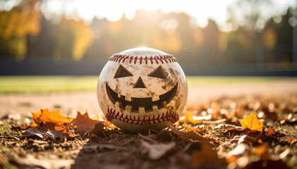 A Halloween baseball jack o lantern displays a carved pumpkin face, amidst autumn leaves