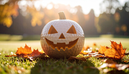 A creative jack-o'-lantern carved into a golf ball among autumn leaves on a golf course