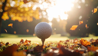 A golf ball ready for a shot on the tee, surrounded by autumn leaves, in warm sunlight