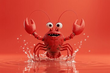 Cheerful cartoon crab splashing in red water