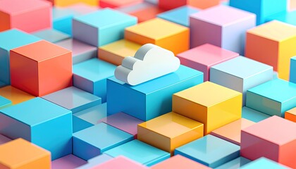Obraz premium A 3D illustration of a white cloud icon placed on vibrant, colorful blocks in a geometric abstract layout, symbolizing cloud computing and digital technology.