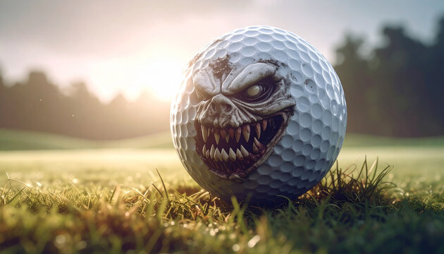 A terrifying monster golf ball rests on the green, ready for a spooky game