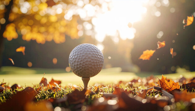 A golf ball ready for a shot on the tee, surrounded by autumn leaves, in warm sunlight
