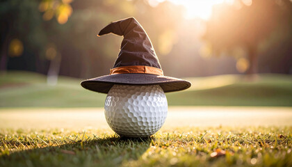 A whimsical image of a golf ball adorned with a Halloween witch hat on a golf course