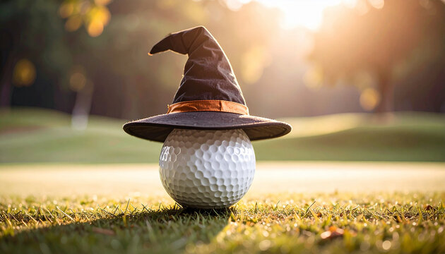 A whimsical image of a golf ball adorned with a Halloween witch hat on a golf course