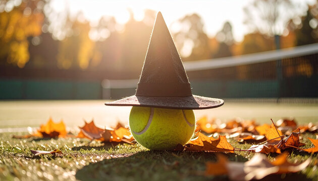 A tennis ball wearing a witch's hat sits among autumn leaves on a tennis court for a halloween sports background