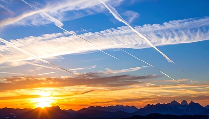 Stunning sunset over alpine peaks with jet contrails