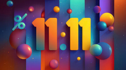 11.11 Singles' Day global shopping festival with colorful gradient stripes and floating spheres