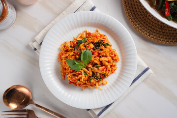 Ayam Suwir Pedas Kemangi, Spicy Chicken shreded with basil. Perfect for recipes, articles or any cooking content.