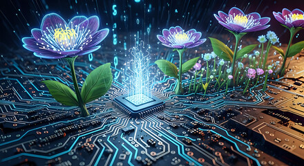 Digital flowers bloom from circuit board, vibrant display of technology and nature's fusion, futuristic concept art, data visualization, innovation