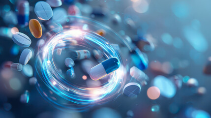 Innovative medicine swirling with colorful pills and tablets, representing pharmaceutical research and healthcare innovation