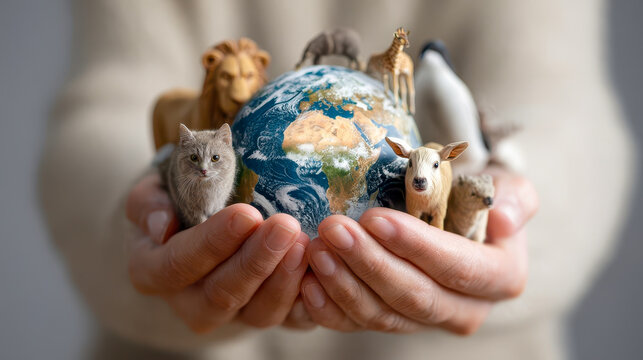 Woman holding miniature animal figurines on small globe, protecting wildlife and endangered species