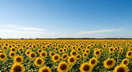 Obraz premium A vast field of vibrant sunflowers basks in the bright sunlight under a clear blue sky.