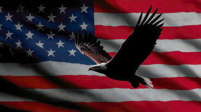 American bald eagle flying against United States flag - Powered by Adobe