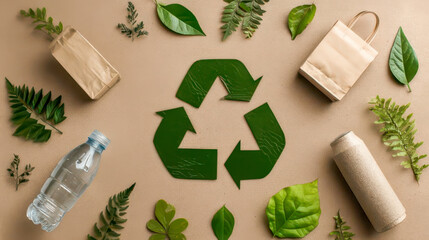 Recycling symbol surrounded by recyclable materials and green leaves promoting environmental awareness