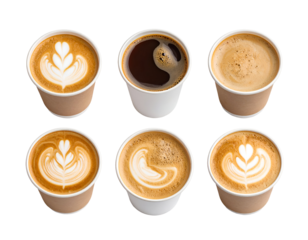 Set of paper take away cups of different coffee latte or cappuccino isolated on transparent png
